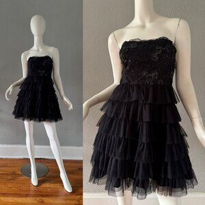 Vintage 90s Black Strapless Y2K Tiered DEB Prom Mini Dress XXS